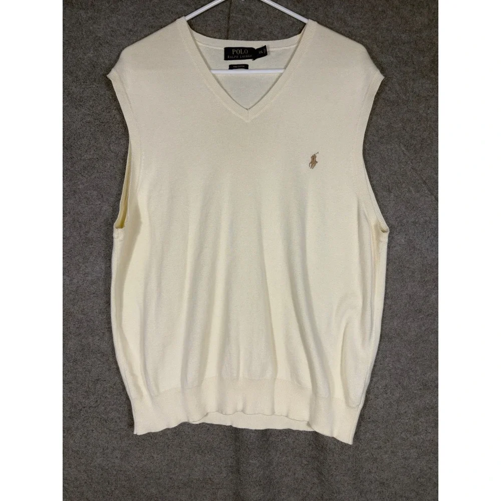 Polo Ralph Lauren Mens XXL Pima Cotton V-Neck Sweater Vest Cream Off White Pony